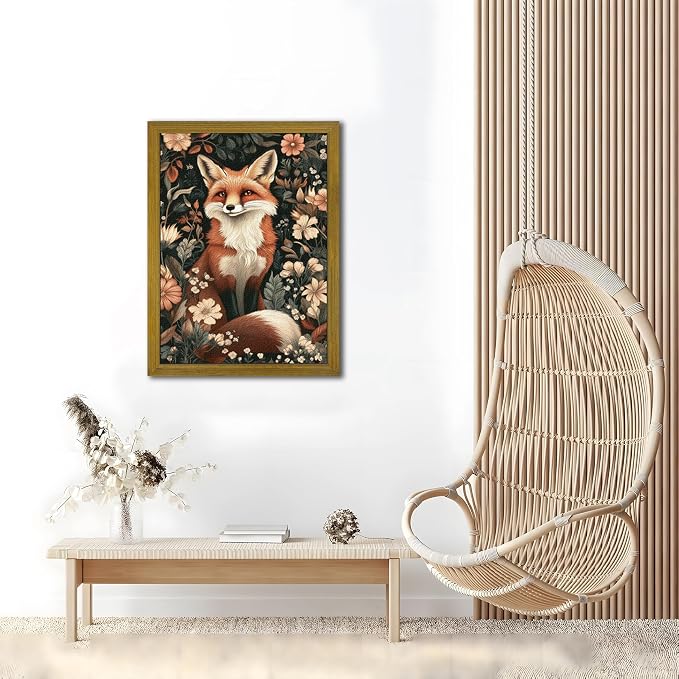 Framed 3D Textured Vintage Wall Art, Hand Drawn Sandstone Fox Wall Decor Paintings, Whimsical Forest Animal Floral Botanical Aesthetic Picture, Cottage Core Home Nursery Decor 16X24 inch