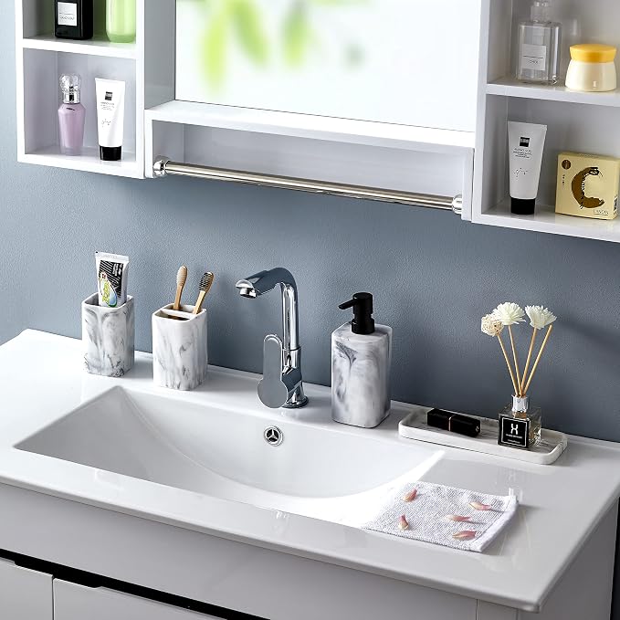 Toothbrush Holder for Bathrooms, White Marble Look Toothpaste and Makeup Holder, Brushes and Razors Holder, Vanity Bathroom Countertop Organizer, Toothbrush Cup