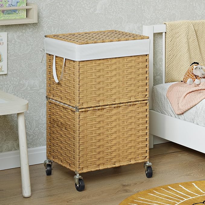 Chrislley Wicker Laundry Basket with Wheels,Rolling Laundry Hamper with Lid | 90L Slim Clothes Hamper with Wheels & Removable Liner Bag, Handwoven Rattan Laundry Organizer for Bedroom, Bathroom, Yellow