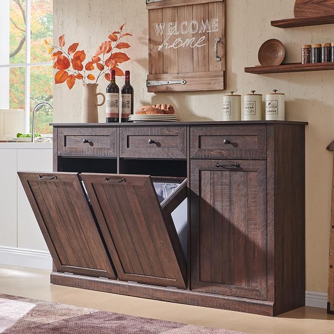 IFBUY Triple Tilt Out Laundry Hamper Cabinet, Trash Cabinet, Brown | 20 Gallon Farmhouse Trash Can Cabinet w/Drawers & Adjustable Shelf, Hidden Garbage Can Cabinets w/Laundry Basket for Bathroom