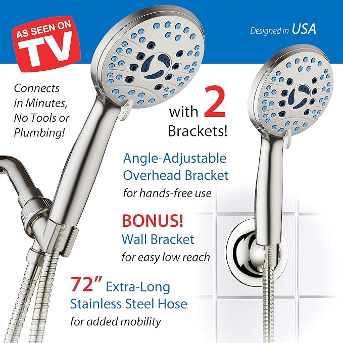 AquaCare 8-mode High Pressure Handheld Shower Head with 2-mode Power Wash | Stay Clean Nozzles, Dual Power Wash for Tub, Tile & Pets, Long 6 ft. Stainless Steel Hose, Wall & Overhead Brackets / Nickel