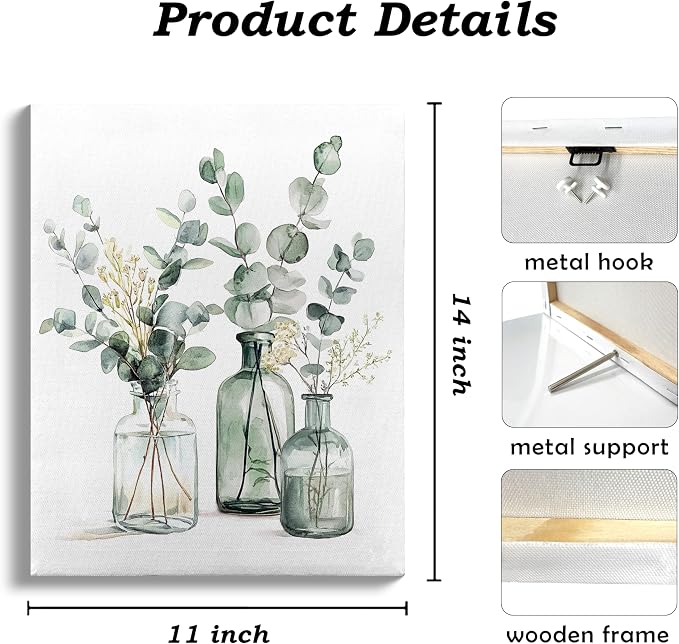 QICLM Sage Green Eucalyptus Framed Wall Art Poster, Farmhouse Bathroom Wall Decor, Sage Green Eucalyptus Plant Wall Prints for Home Bathroom Living Room Bedroom, 11x14 Inch