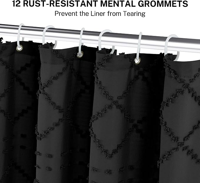 Siiluminisoy Black Shower Curtain Boho Fabric Shower Curtain Black Tufted Texture Striped Modern Farmhouse Shower Curtains for Bathroom, 72 x 72
