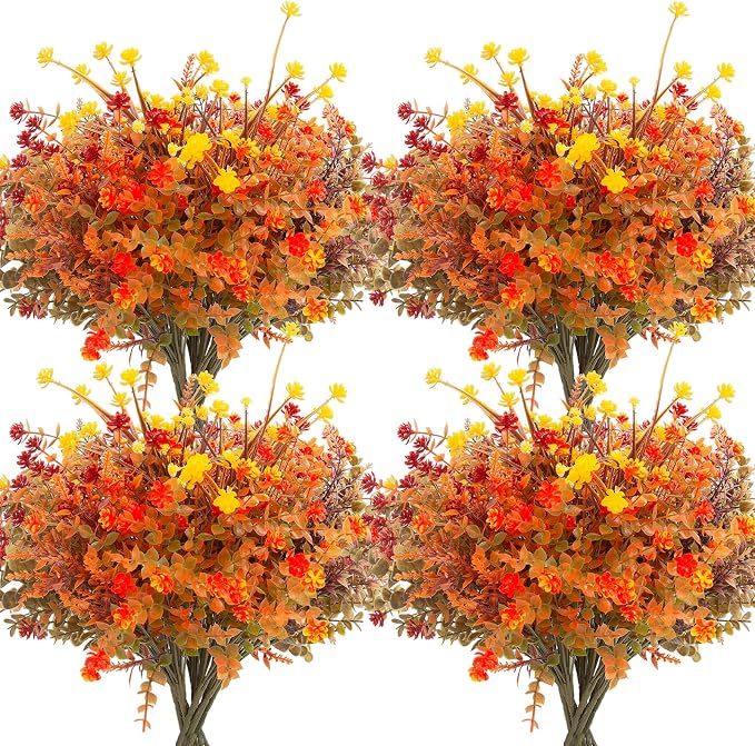 Hananona 24 Pcs Artificial Fall Flowers Outdoor, UV Resistant Plastic Fake Autumn Floral, Harvest Plants for Hanging Planter Front Door Porch Window Farmhouse Thanksgiving Home Decor (24, Orange)