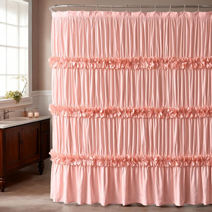 Extra Wide Shower Curtain 108"W x 72"L with 18 Buttonholes | Vintage Handcrafted Bow Tie Bath Curtain for Bathroom and Clawfoot Tub, Victorian Ruffle Bathroom Curtain, Peach (LQ-10)