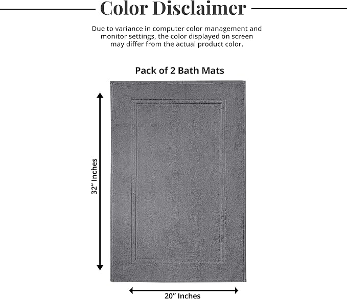 2 Piece Bath Mats 20 x 32 Inches, Dark Grey | 100% Cotton Terry Bath Mats, Super Absorbent, Hotel Quality Premium Floor Towels, Luxurious, Soft & Quick Dry
