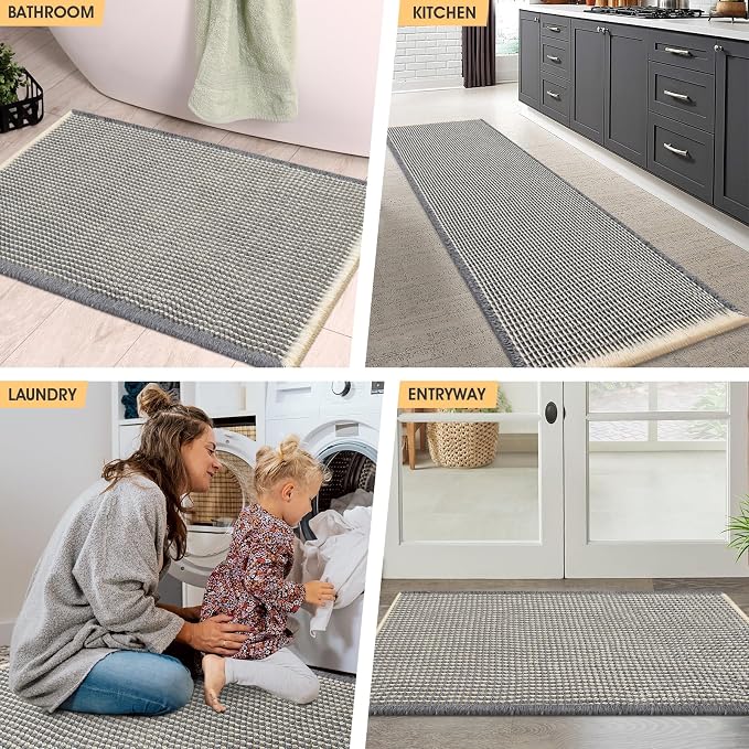 Waffle Bath Mat Grey & Beige 4'x2', Boho Woven Modern Bath Mat Rugs, Absorbent Non Slip Bathroom Rugs, Soft Washable Bath Rugs with Tassels for Bathroom, Bedroom, Kitchen, Shower, Tub