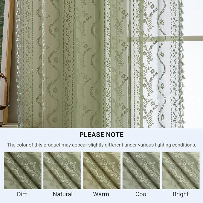 WAZZIO Sage Green Lace Shower Curtain - Vintage Pretty Floral Sheer Shower Curtains, Elegant Decorative Tassel Bath Curtains for Bathroom, 72 x 84 Inch, 1 Piece