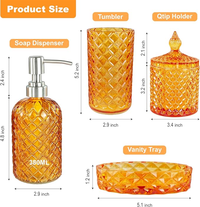 LaMarriti Orange Bathroom Accessories, 4Pcs Clear Glass Bathroom Set | Lotion Soap Dispenser, Toothbrush Holder Set, Soap Dish, Qtip Holder for Vintage Crystal Bath Decor, Burnt Orange