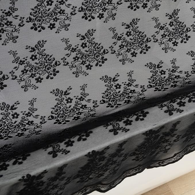 TUDECO Black Lace Shower Curtain for Small Bathroom, 36''W x 72''L | Half Size, Gothic Bathroom Decor, Delicate Floral, Attached Valance, Scalloped Edges, Semi- Privacy