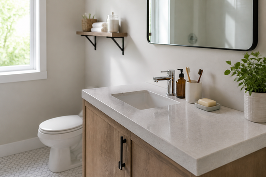 Small bathroom vanity organized as a clear work surface with daily essentials kept within easy reach