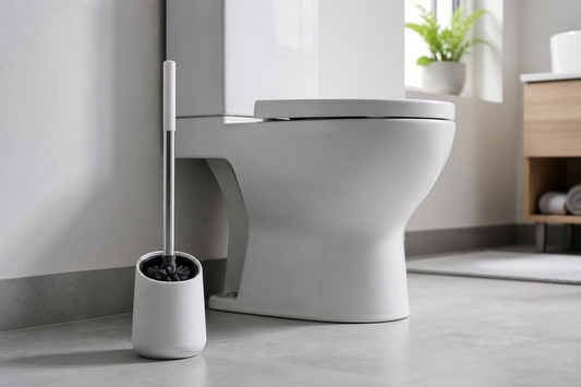 Toilet brush and holder stored beside a clean bathroom toilet