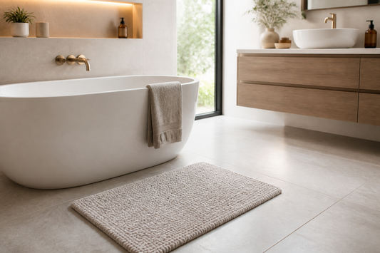 Textile bath mat positioned flat outside a freestanding bathtub with clear space around it