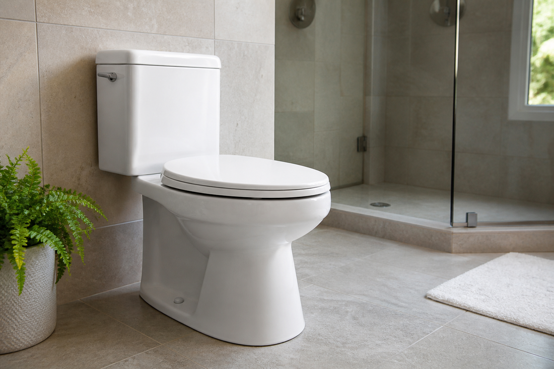 White toilet seat neatly aligned with a residential toilet bowl in a clean bathroom