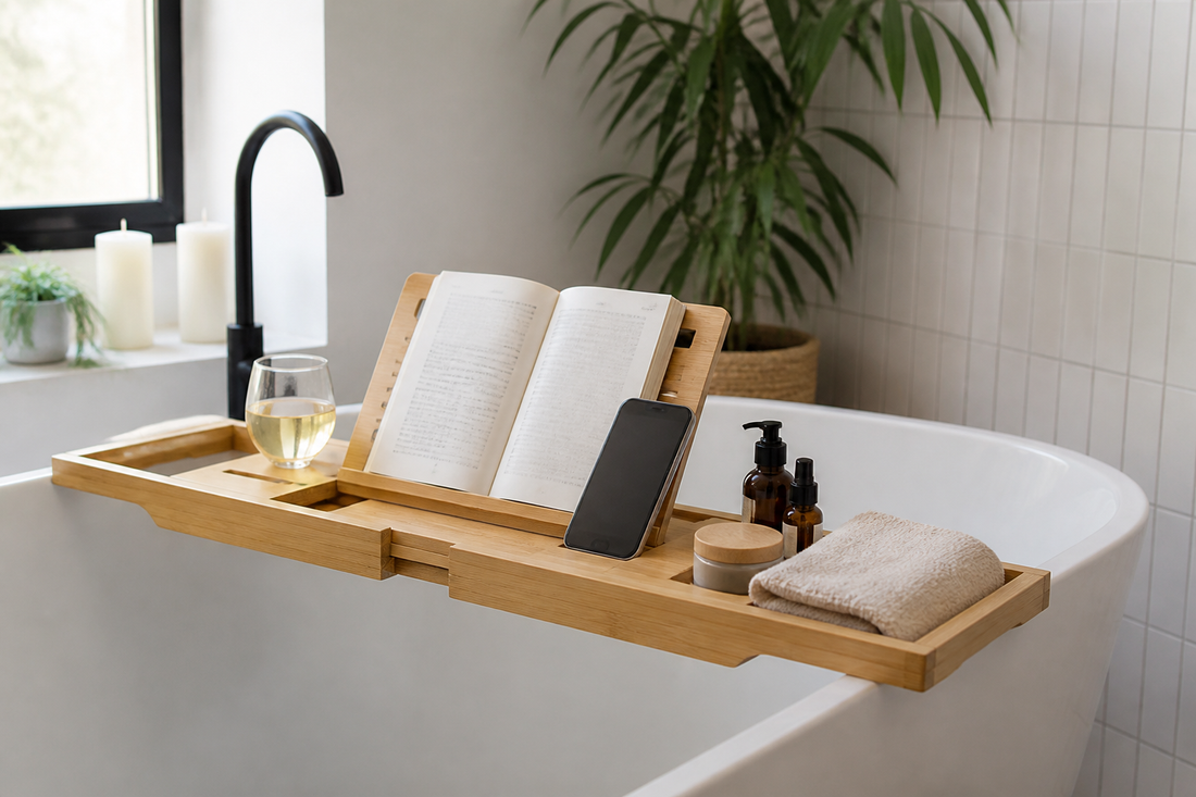 Bathtub tray spanning a modern white tub with a book, phone, drink, toiletries, and folded towel arranged within reach
