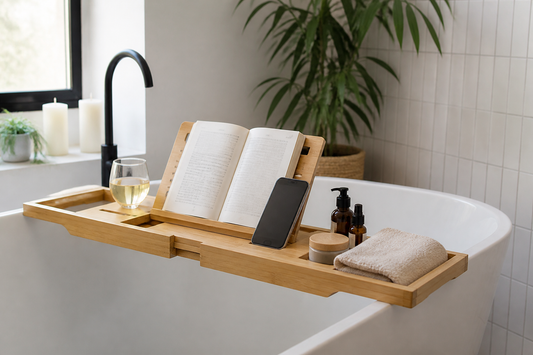 Bathtub tray spanning a modern white tub with a book, phone, drink, toiletries, and folded towel arranged within reach
