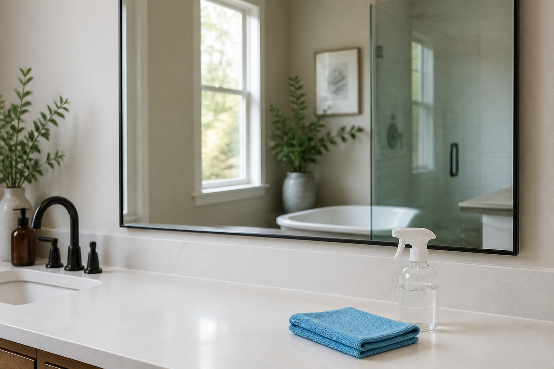 Clear streak-free bathroom mirror above a vanity with microfiber cleaning supplies