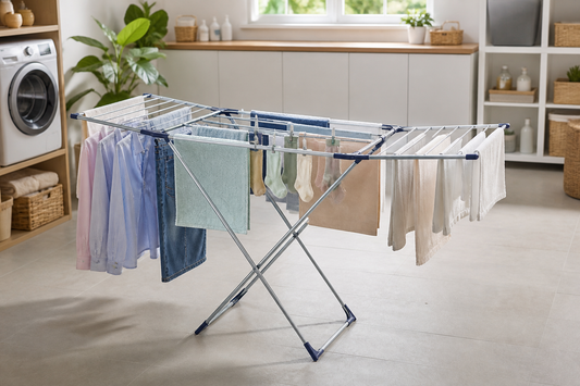 Neatly spaced laundry drying on a freestanding folding rack in a bright indoor room