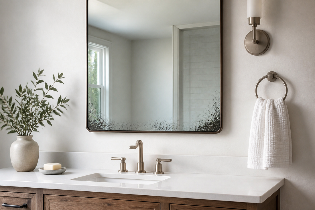 Bathroom vanity mirror with black spots along the lower edges and cloudy haze beneath the glass