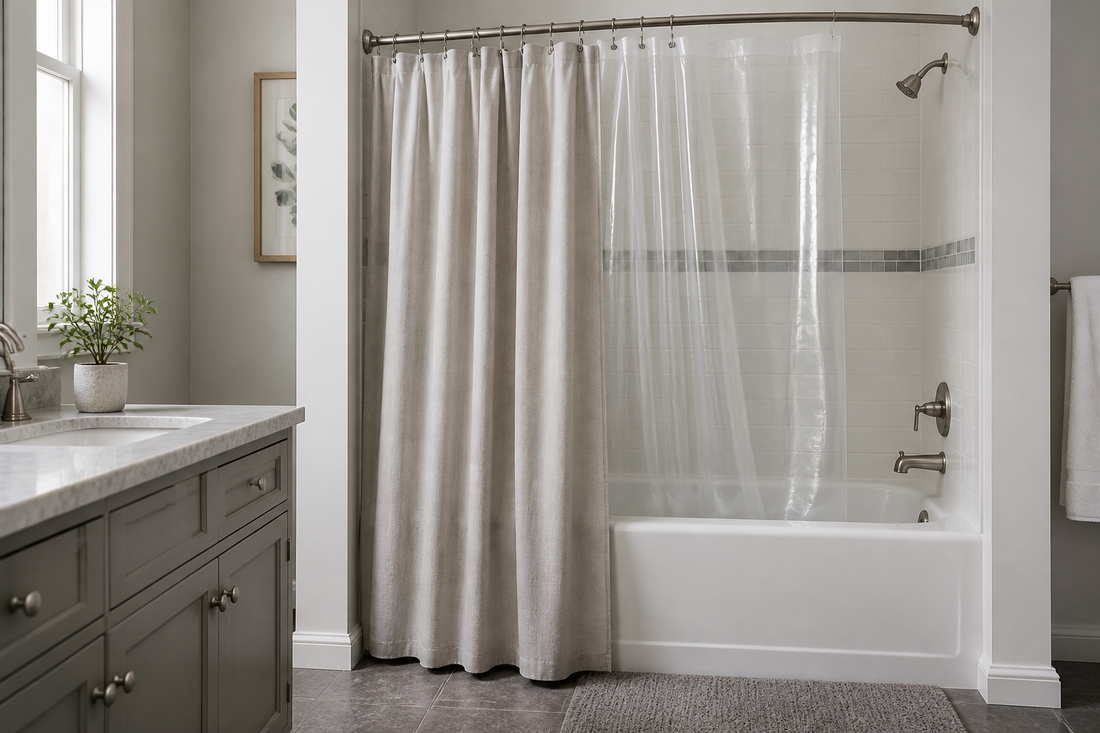 Fabric shower curtain and plastic liner arranged correctly in a clean bathroom