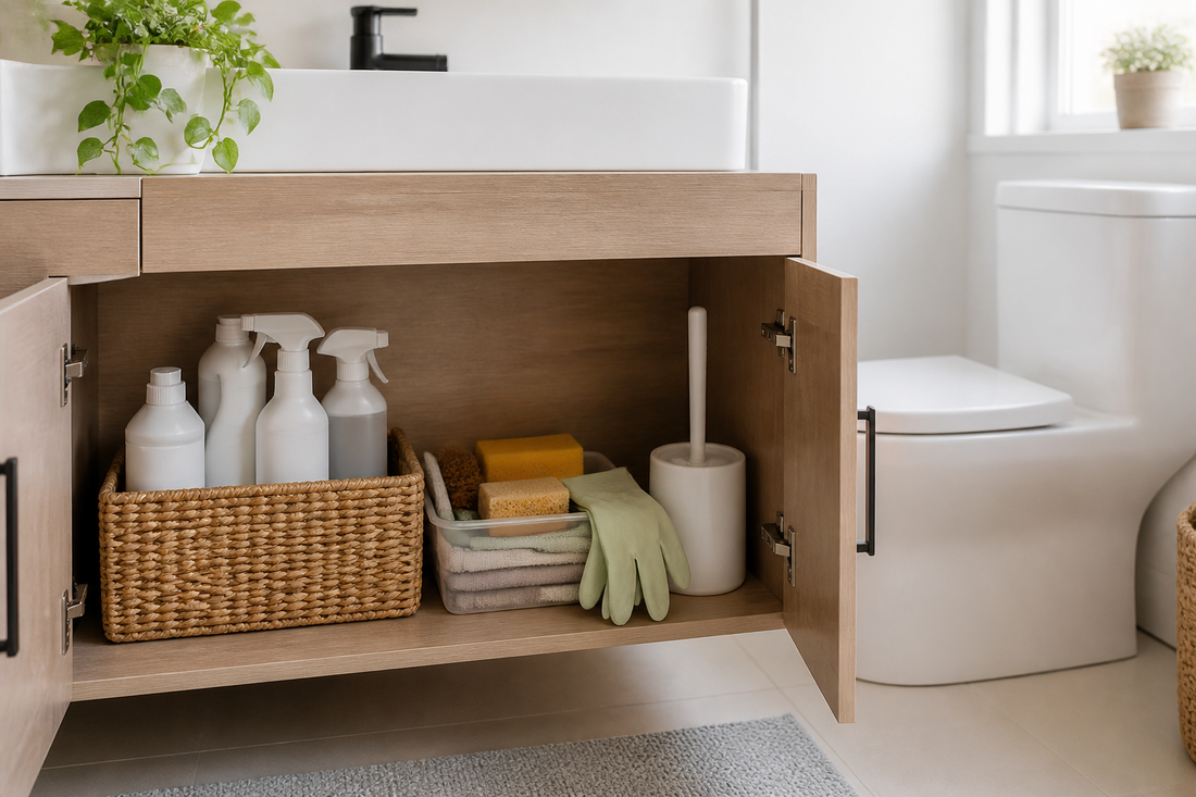 Organized bathroom cleaning station with frequently used supplies grouped on a cabinet shelf