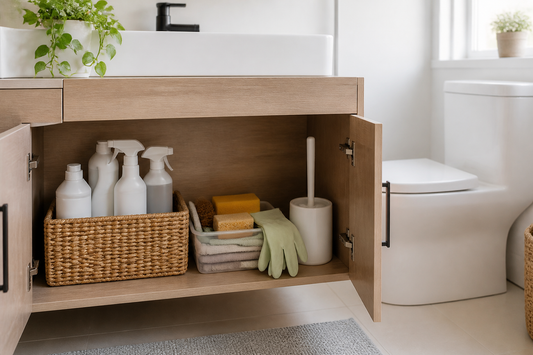 Organized bathroom cleaning station with frequently used supplies grouped on a cabinet shelf