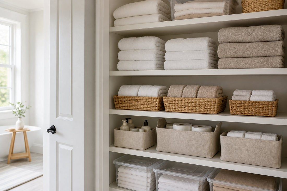 Organized linen closet with folded towels, sheet sets, baskets, bins, and separate storage zones