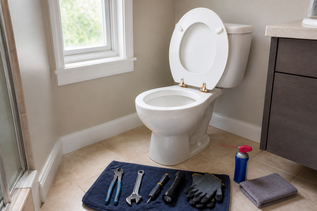 Raised toilet seat with corroded hinge bolts and removal tools arranged around the toilet