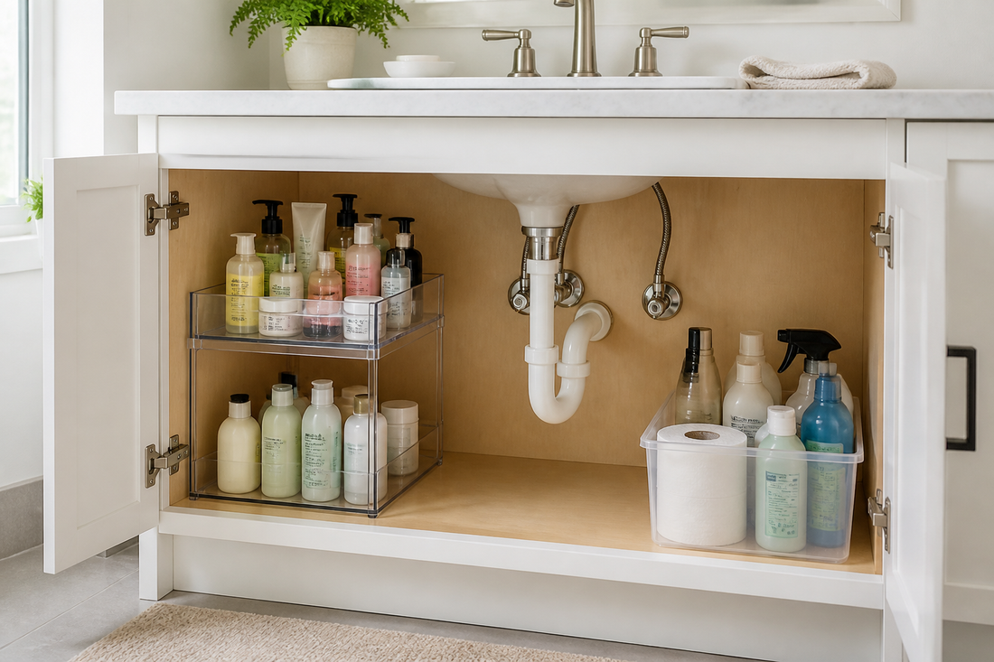 Organized bathroom sink cabinet with separate storage zones and unobstructed plumbing