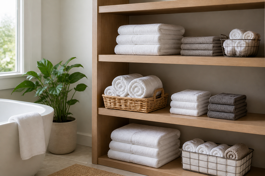Clean bath towels folded and rolled in an organized bathroom storage system