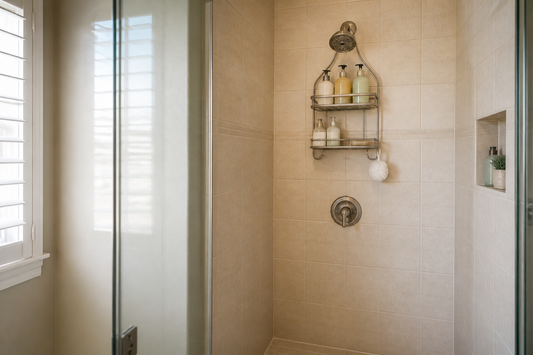 Compact shower with a hanging caddy using open space around the showerhead