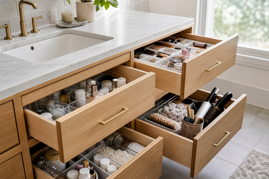 Organized bathroom vanity drawers with separate zones for toiletries, makeup, hair accessories, and everyday essentials
