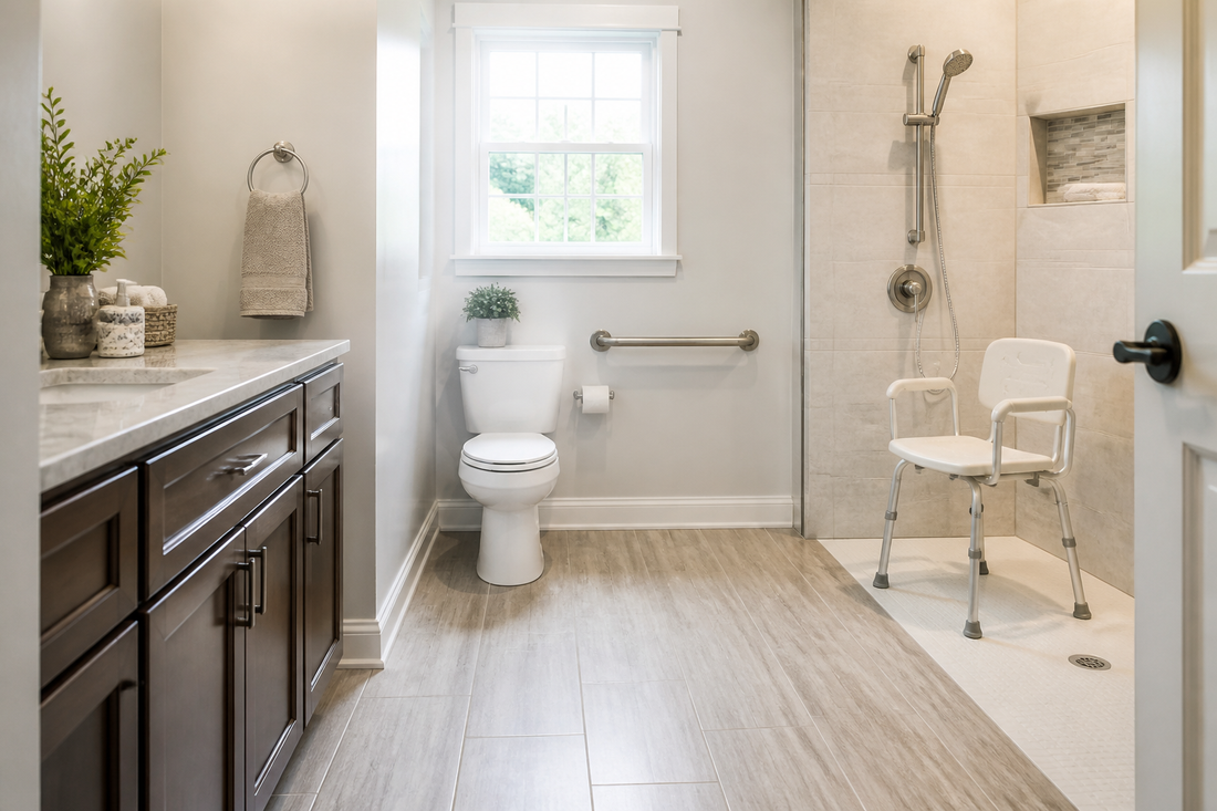 Accessible bathroom with a clear route, shower grab bar, shower chair, and flat non-slip surface