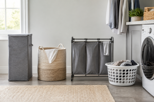 Several laundry hamper styles in different sizes arranged in a bright home laundry area