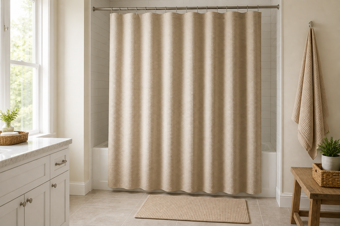 Neutral shower curtain fitted evenly across a bathtub shower