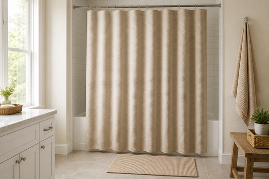 Neutral shower curtain fitted evenly across a bathtub shower