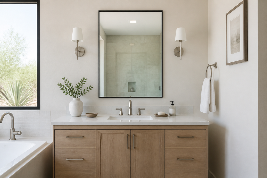 Balanced rectangular bathroom mirror mounted above a single-sink vanity with surrounding wall space