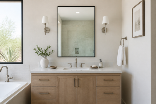 Balanced rectangular bathroom mirror mounted above a single-sink vanity with surrounding wall space