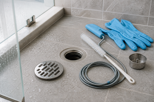 Open shower drain with hair removal tools and a drain protector nearby