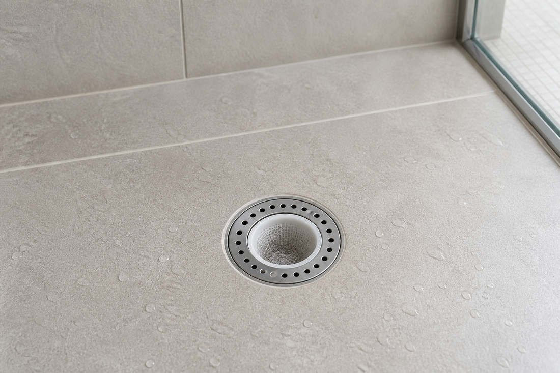 Shower drain protector seated securely over a shower drain with a small amount of collected hair visible