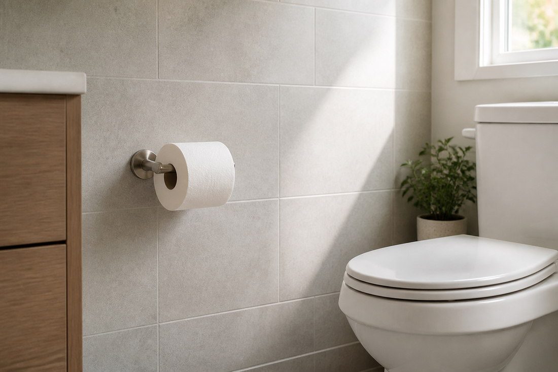 Wall-mounted toilet paper holder installed beside a toilet in a practical bathroom location
