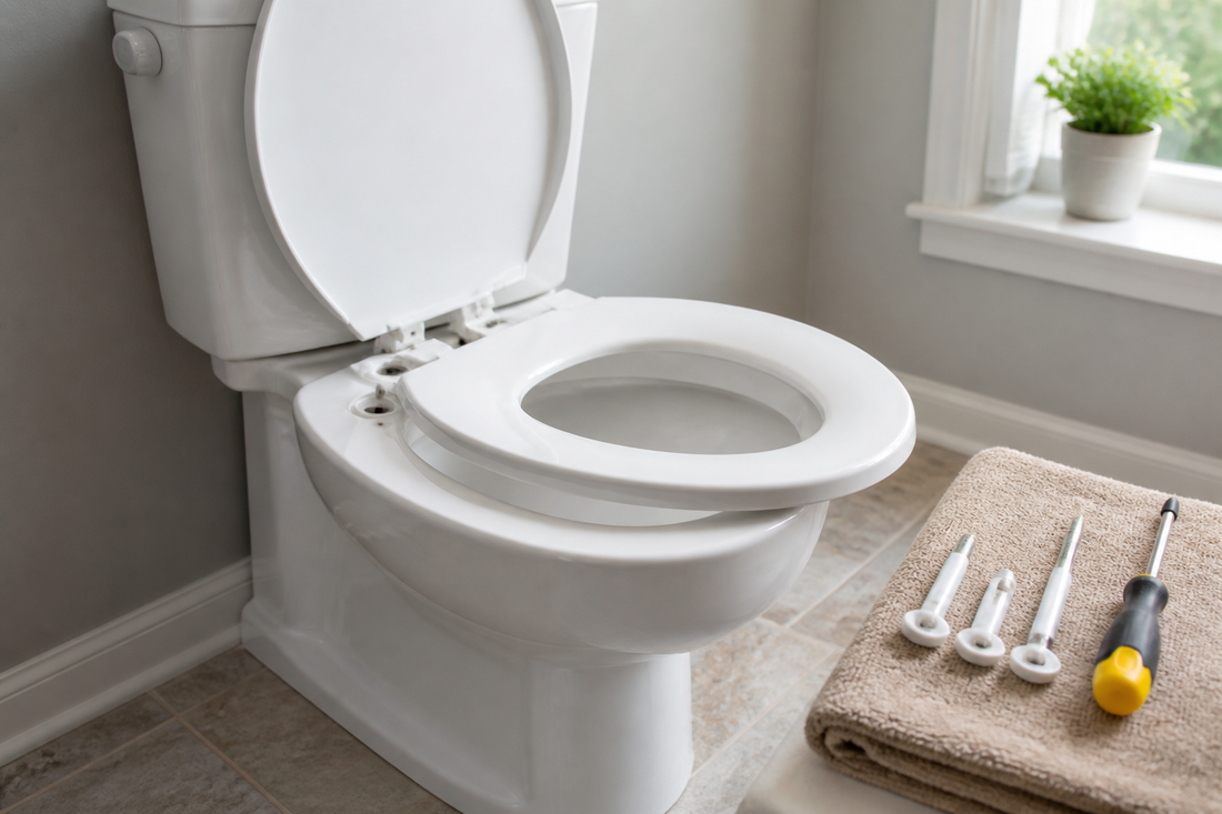 White toilet seat sitting slightly crooked while its rear hinges and mounting hardware are inspected
