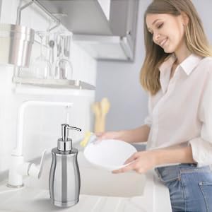 Soap Dispenser Stainless Steel - Brushed Nickel Pump Dispenser Bottle Refillable Liquid Hand Dish Soap Dispenser for Bathroom, Kitchen, Countertop, Silver (13.5 Oz / 400ML)