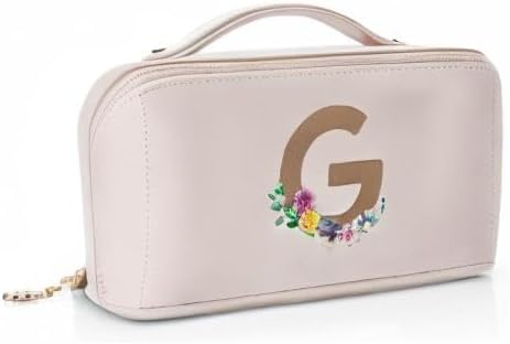 VLANDO Makeup Travel Bag with Separate Brush Pouch,Letter G,Off White | PU Leather Personalized Toiletry Bag,Open Flat Cosmetic Skincare Organizer,Gifts for Women,Bridesmaid,Teen