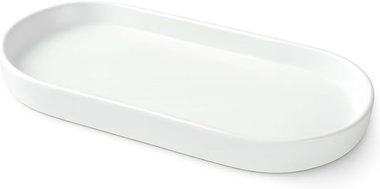 Matte White Ceramic Bathroom Tray for Countertop, Minimalist Vanity Organizer Dish for Perfume, Jewelry & Soap, Oval Decorative Tray for Bathroom Sink, Dresser, Coffee Bar or Kitchen Counter