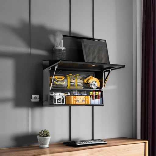 Garage Wall Cabinet, Metal Tool Cabinet with Lock&Adjustable Shelf | 20"H Wall Mounted Garage Storage Cabinets with Up-Flip Door, Black Steel Floating Locker for Basement, Workshop, Kitchen