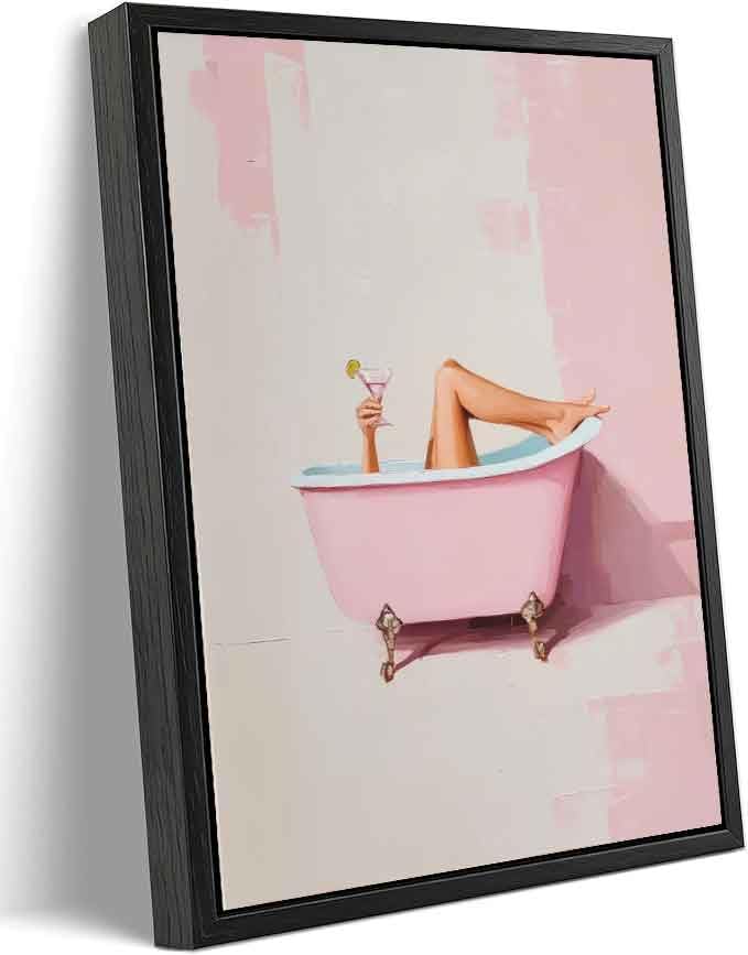 Black Floating Framed Funny Pink Bathroom Canvas Wall Art Trendy Charm Girl Bathtub Painting Picture Wall Decor Martini Cocktail Poster Print Artwork for Restroom Toilet Home Decoration 8x10in