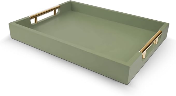 Wooden Decorative Coffee Table Tray, 16" Serving With Handles, Matte Finish, Ottoman for Living Room, Perfume, Vanity Dresser Organizer (Olive Green)