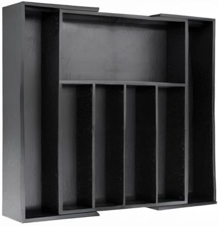 VaeFae Bamboo Drawer Organizer, Large, Black | Cutlery Drawer Holder, Drawer Divider for Silverware, Flatware，43 cm D x 32-55 cm W, 5-7 Slots, Black