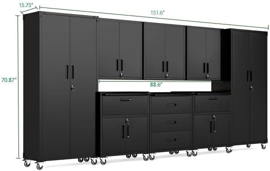 Garage Storage Cabinet System,Wall Cabinet & Locking Rolling Tool Cabinet with Doors and Adjustable Shelves